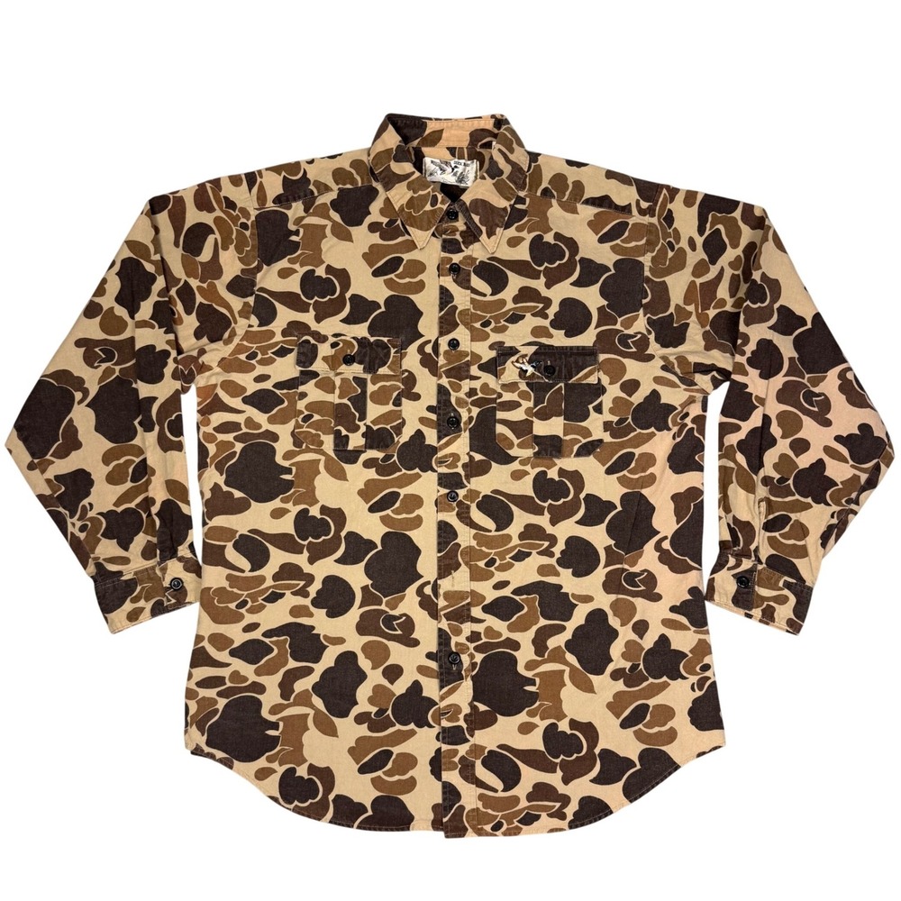 Duck Bay Mens‎ Duck Hunter Camo Button Down Shirt Cotton Long Sleeve Brown L